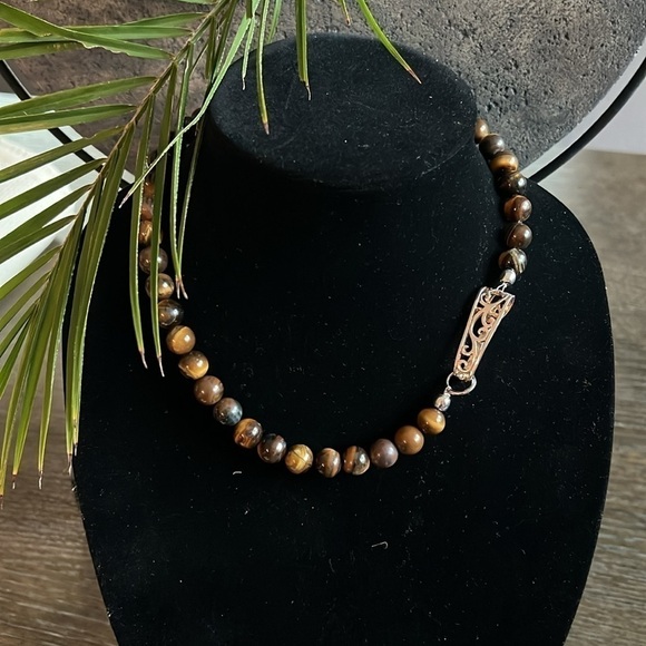 Hand made Tiger Eye beads necklace with Silver plated art deco snap closure - Picture 3 of 12
